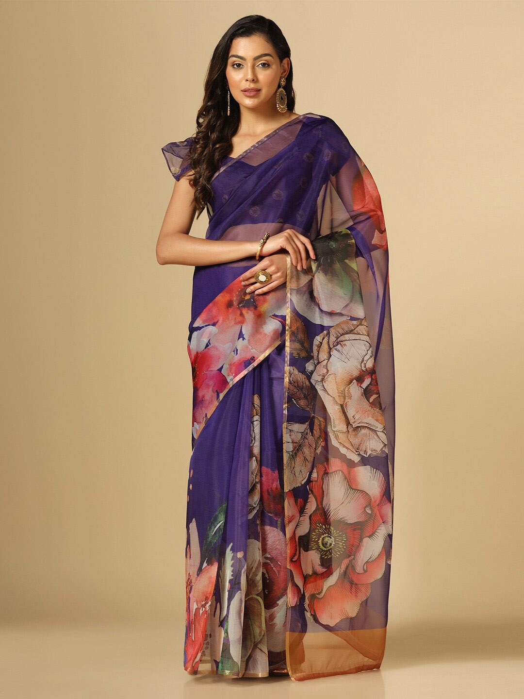 

Satrani Floral Printed Zari Organza Saree, Navy blue