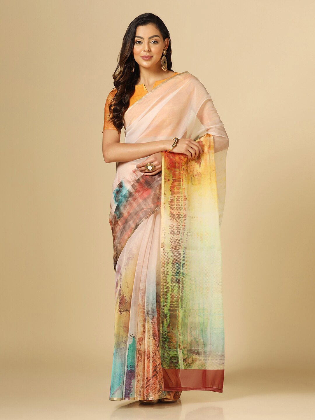 

Satrani Floral Printed Zari Organza Saree, Cream