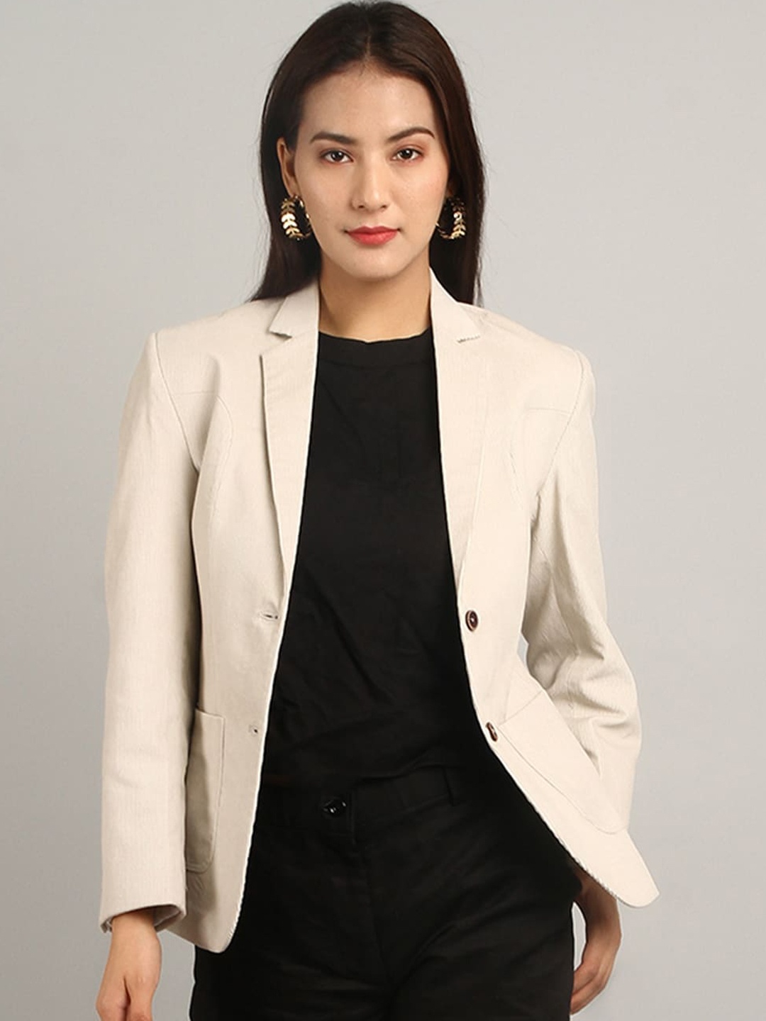 

INDOPHILIA Single-Breasted Cotton Blazer, Beige