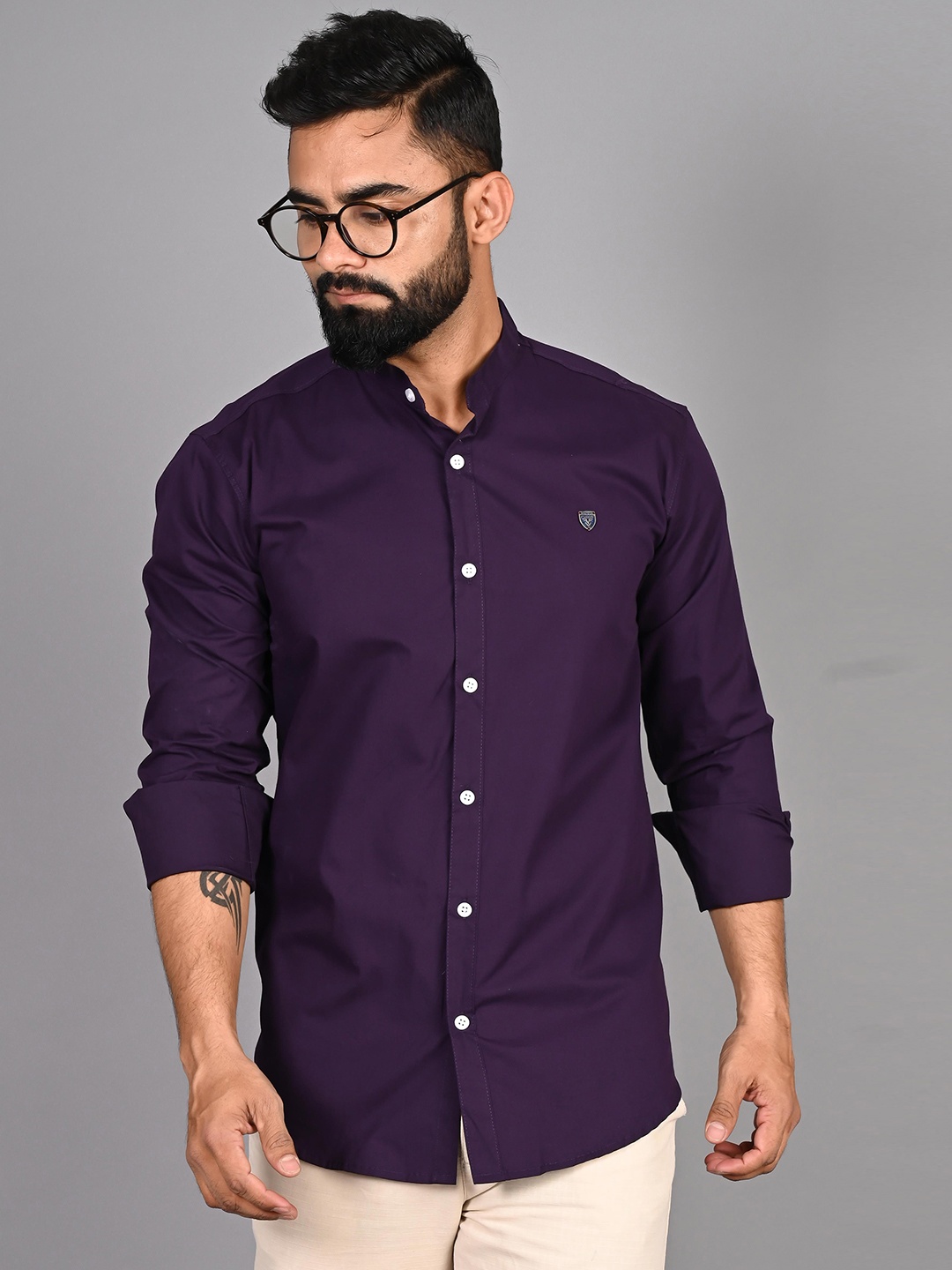 

FUBAR Modern Mandarin Collar Cotton Casual Shirt, Purple