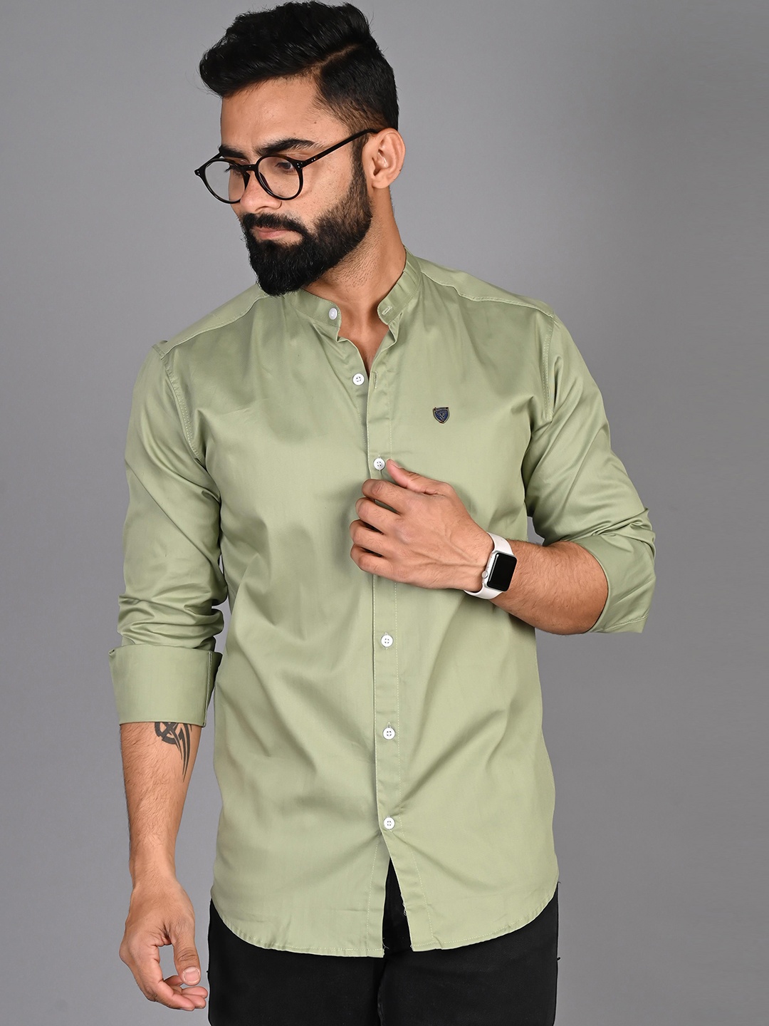 

FUBAR Mandarin Collar Cotton Casual Shirt, Green