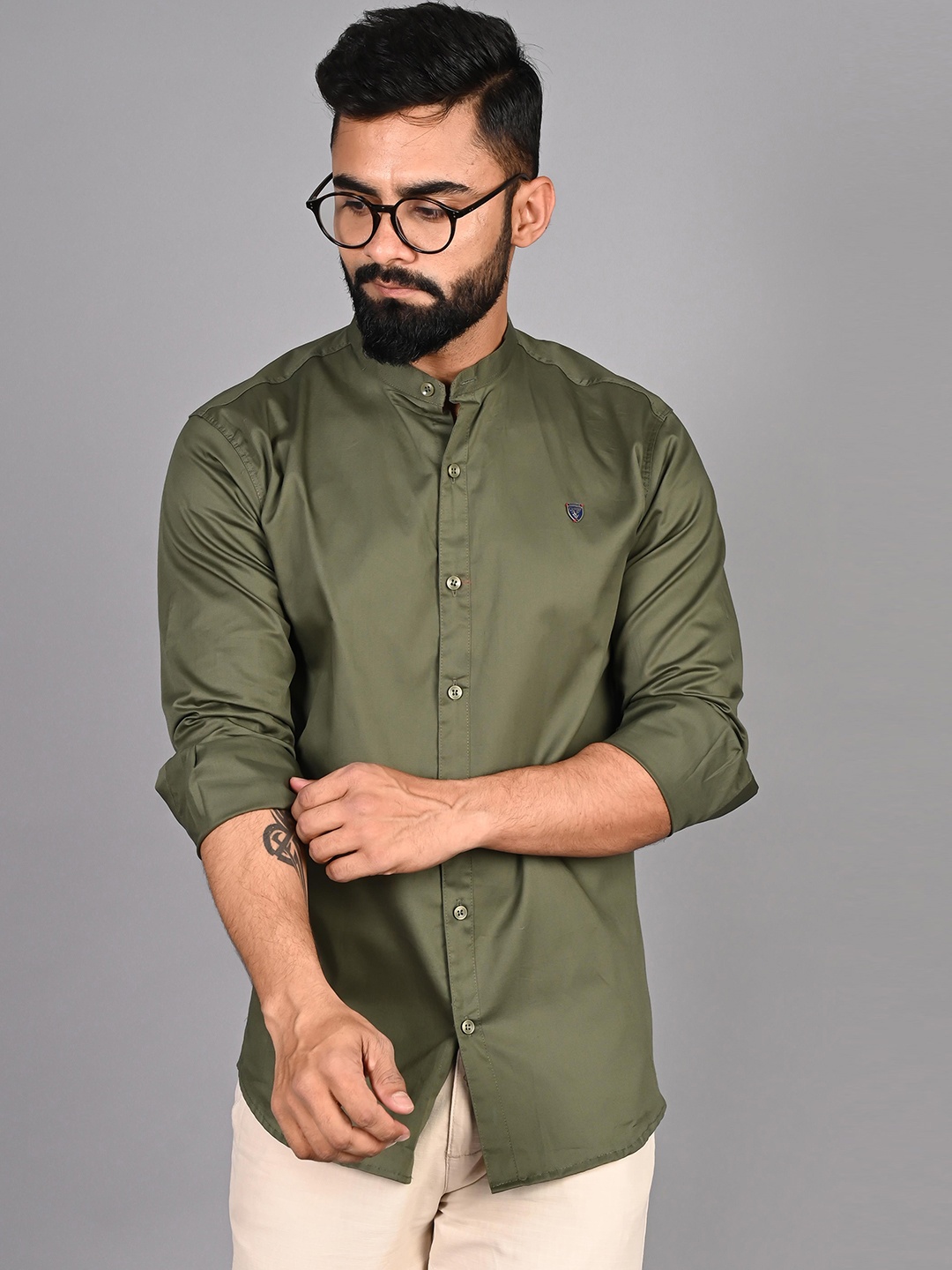 

FUBAR Modern Mandarin Collar Cotton Casual Shirt, Green