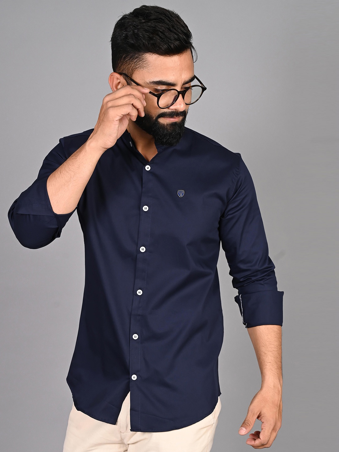 

FUBAR Modern Mandarin Collar Cotton Casual Shirt, Navy blue