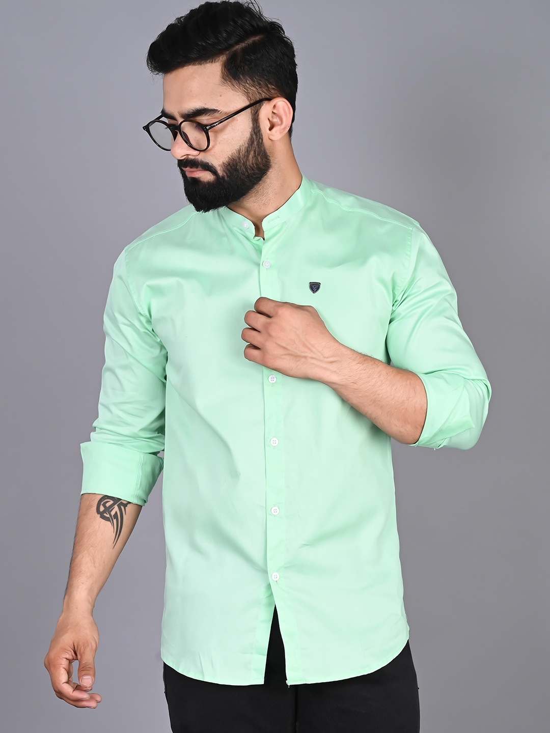 

FUBAR Modern Mandarin Collar Cotton Casual Shirt, Green