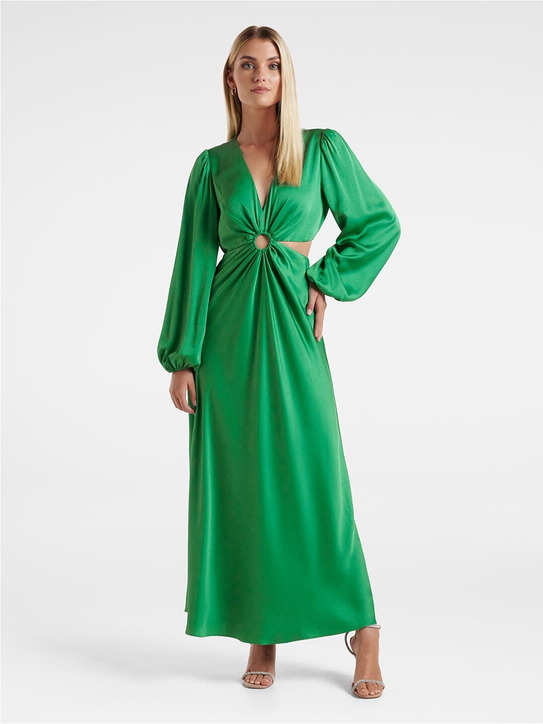 

Forever New Puff Sleeves Cut-Out Satin A-line Maxi Dress, Green