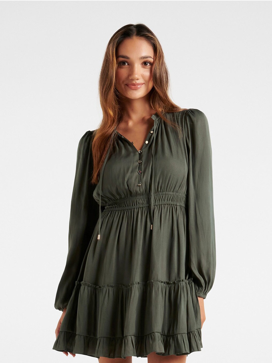 

Forever New Tie-Up Neck Fit & Flare Dress, Green