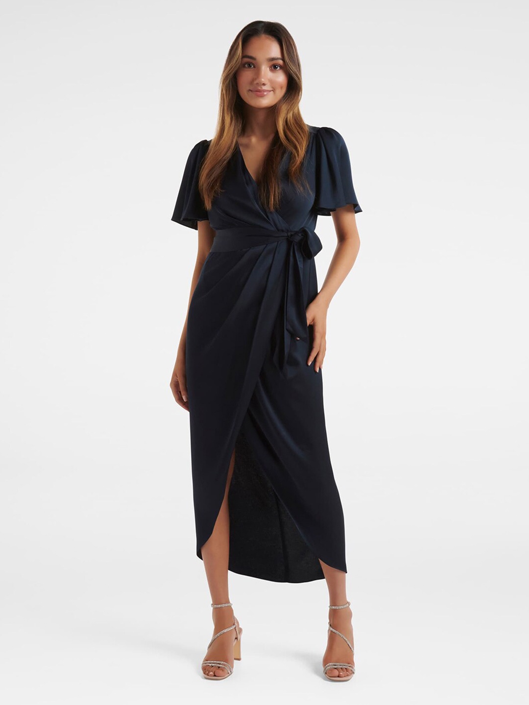 

Forever New Flared Sleeves Satin Wrap Midi Dress, Navy blue