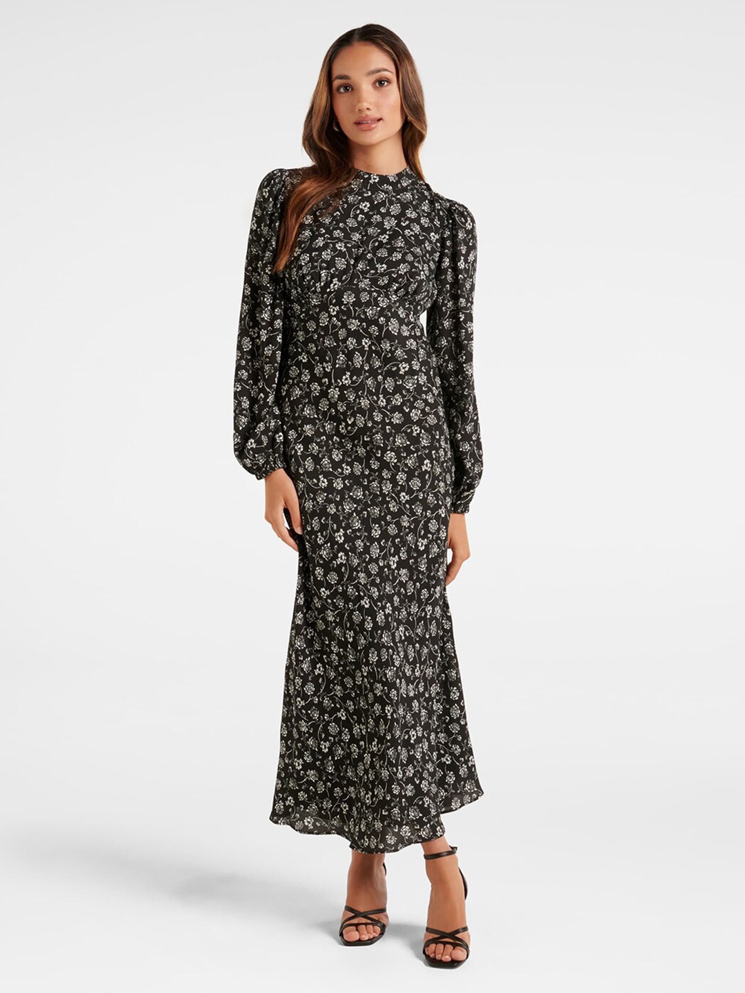 Forever New Floral Printed High Neck A-Line Maxi Dress, Black