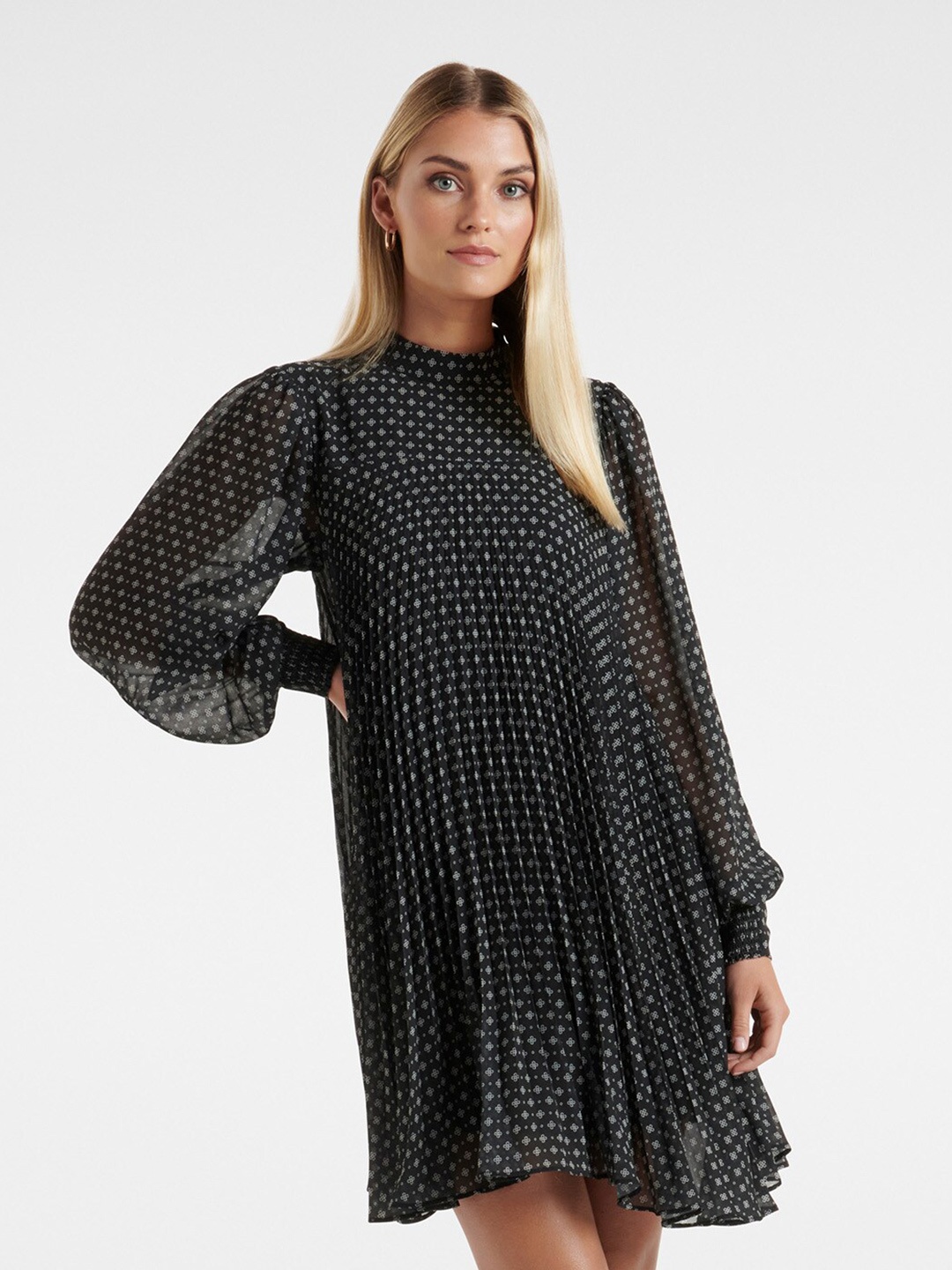 

Forever New High Neck Polka Dot Print A-Line Dress, Black