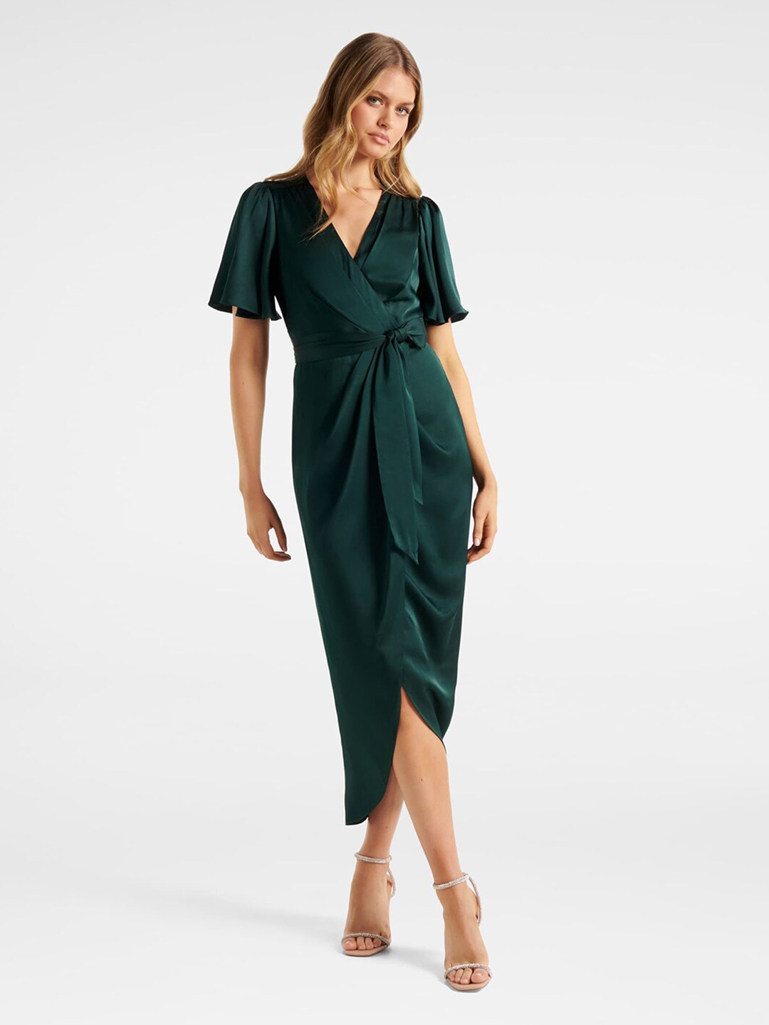 

Forever New Flared Sleeve Tie Up Satin Wrap Midi Dress, Green