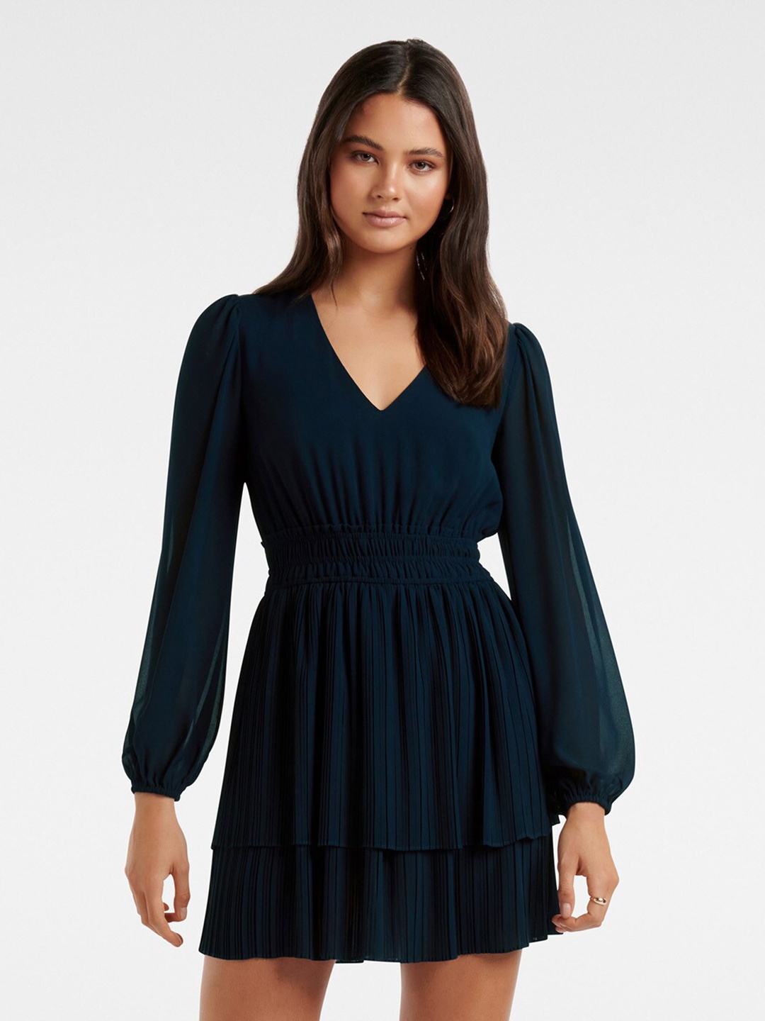 

Forever New Puff Sleeves Pleated Fit & Flare Mini Dress, Navy blue