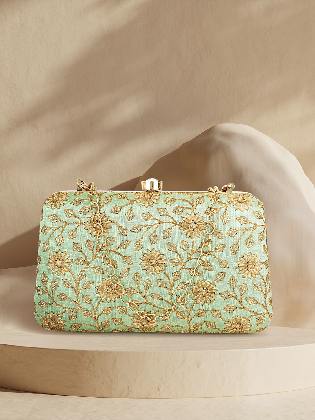 Anekaant Women Floral Embroidered Faux Silk Clutch, Green