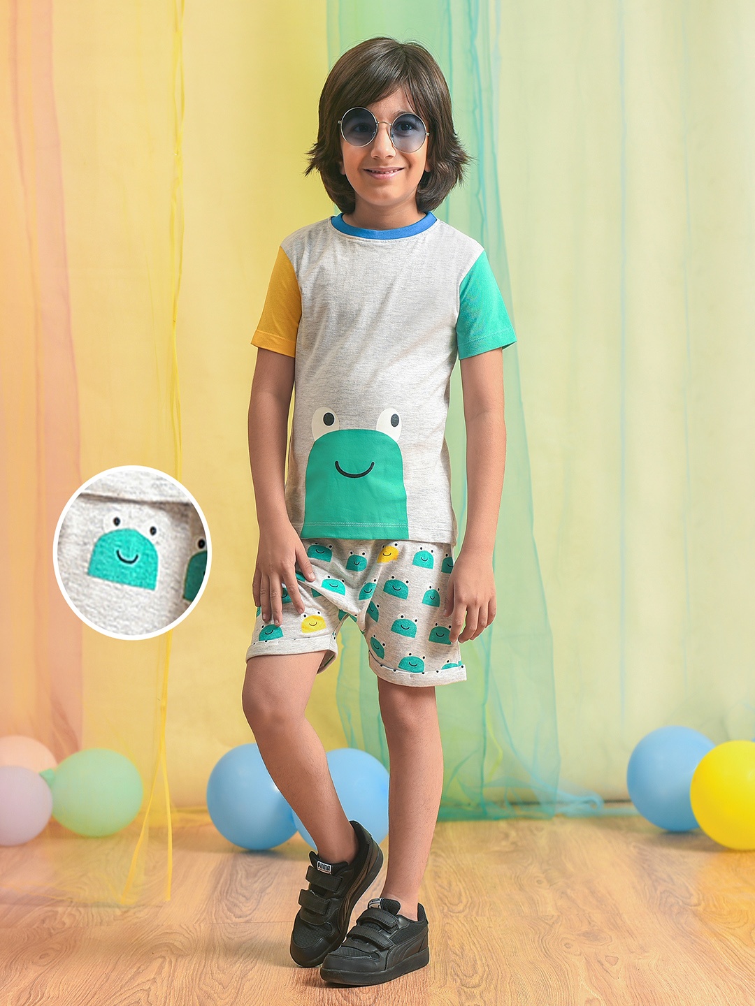 

MiArcus Boys Printed Pure Cotton Round Neck T-shirt With Shorts, Grey