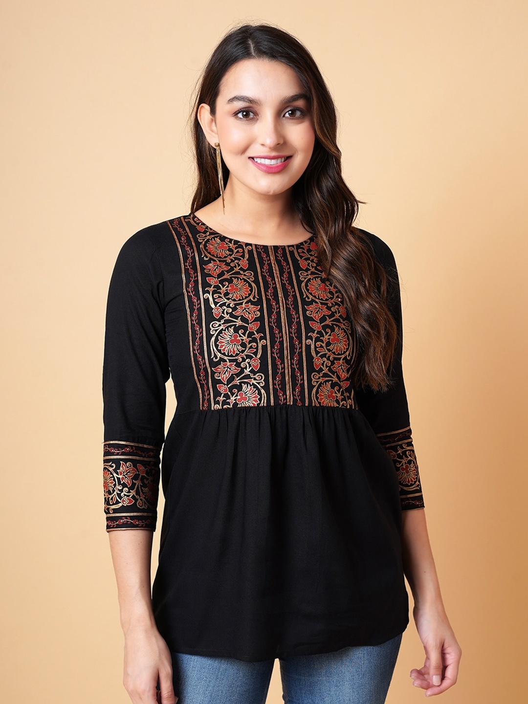 

DAEVISH Floral Printed Bohemian A-line Top, Black