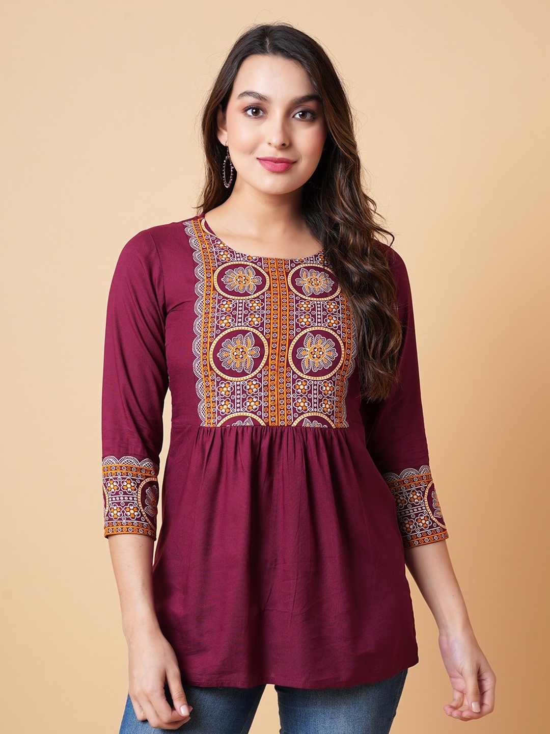 

DAEVISH Ethnic Motif Printed Round Neck Tunic, Maroon