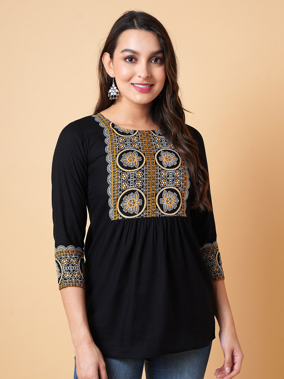 

DAEVISH Ethnic Motifs Printed Bohemian A-line Top, Black