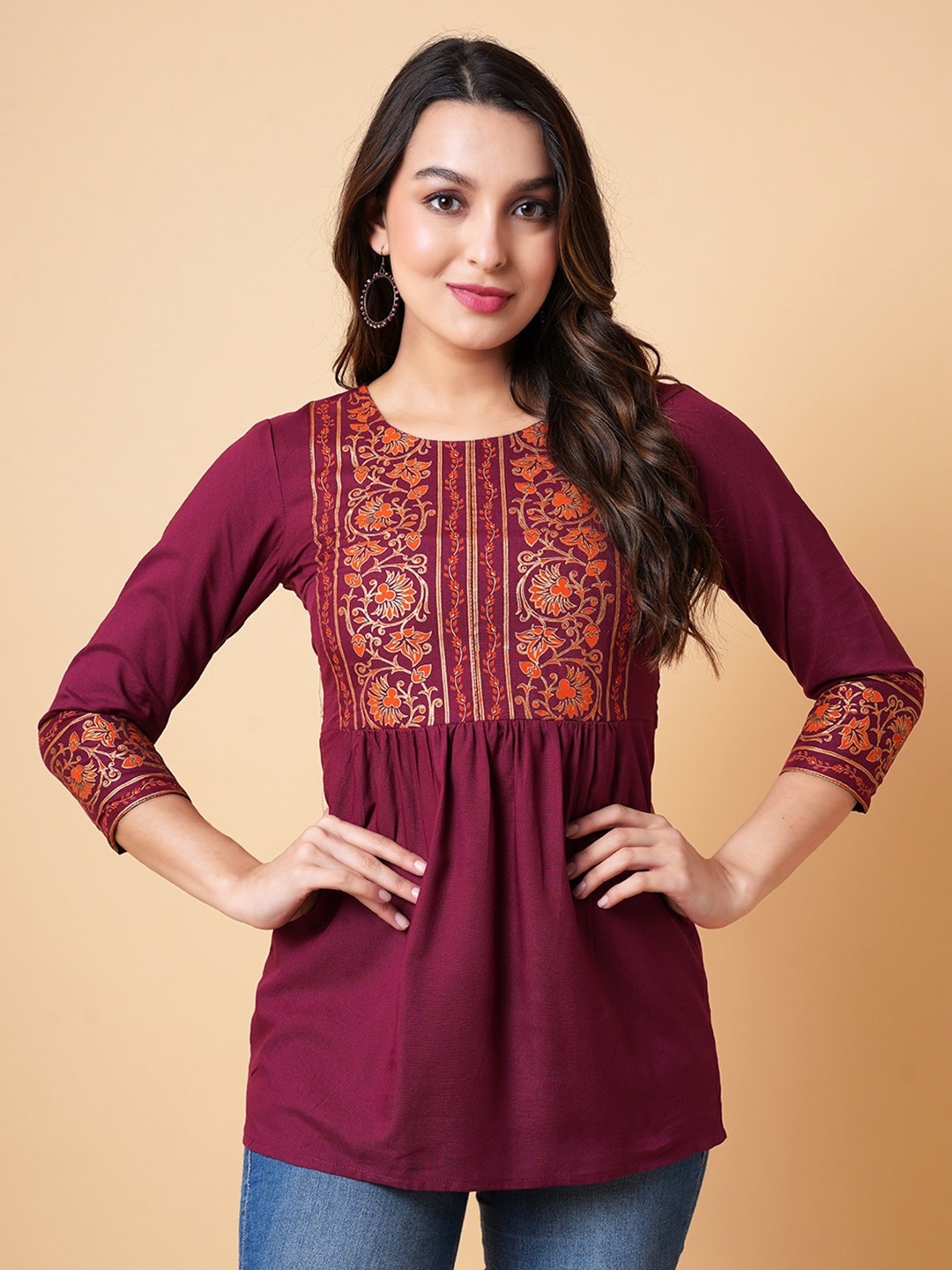

DAEVISH Ethnic Motif Printed Round Neck Tunic, Maroon