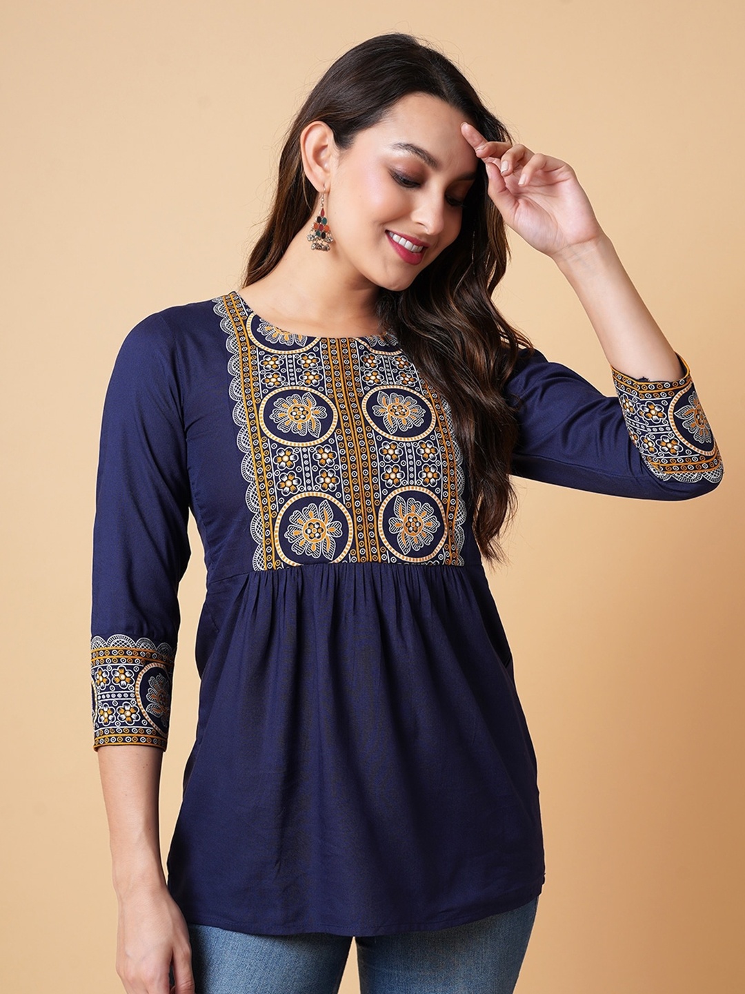 

DAEVISH Ethnic Motifs Printed Bohemian Empire Top, Blue