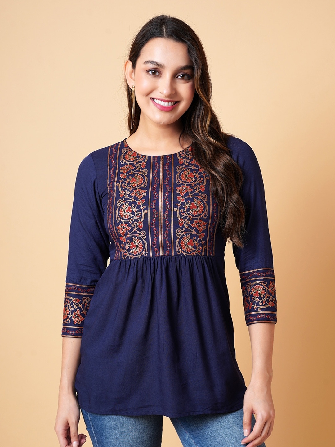 

DAEVISH Ethnic Motif Printed A-Line Kurti, Navy blue