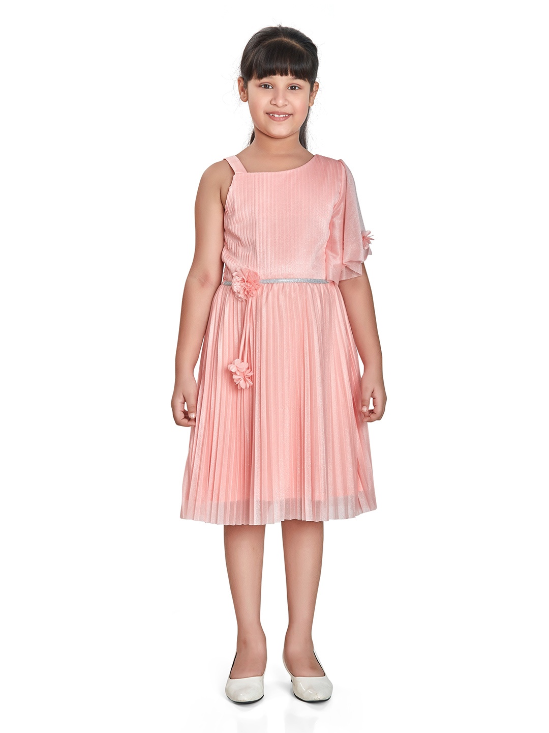 

Peppermint Girls Shoulder Straps Accordion Pleats Satin Fit & Flare Dress, Peach