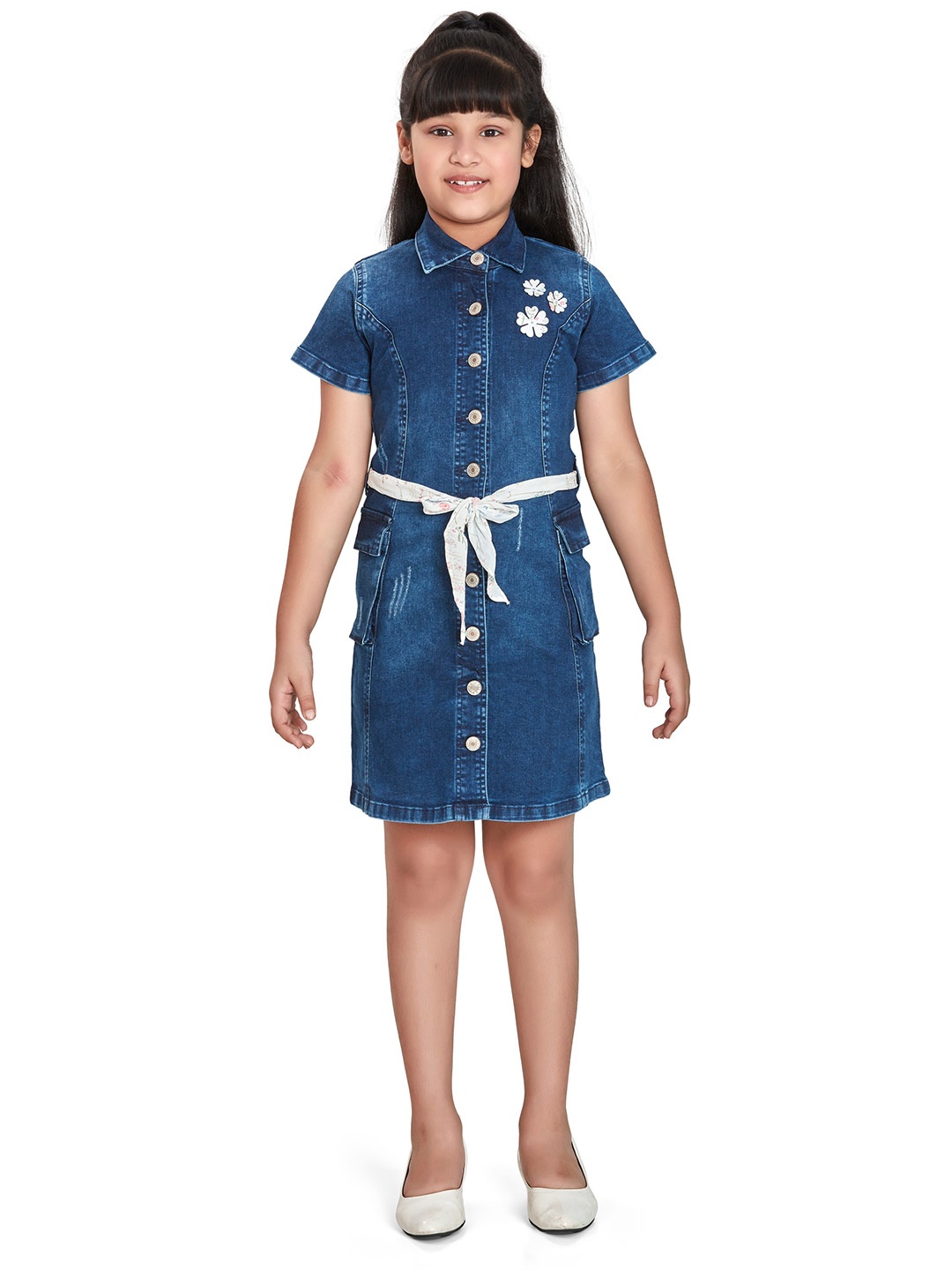 

Peppermint Girls Shirt Collar Pure Cotton Denim Shirt Dress With Belt, Navy blue