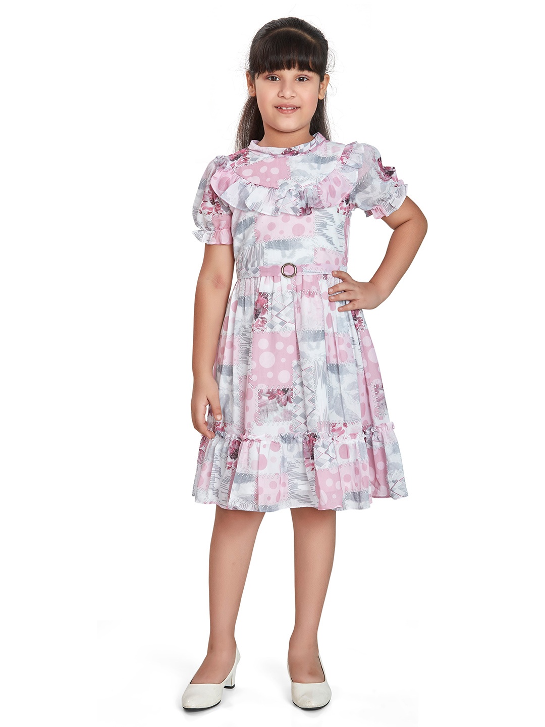 

Peppermint Girls Round Neck Abstract Printed Ruffles Fit & Flare Dress, Pink