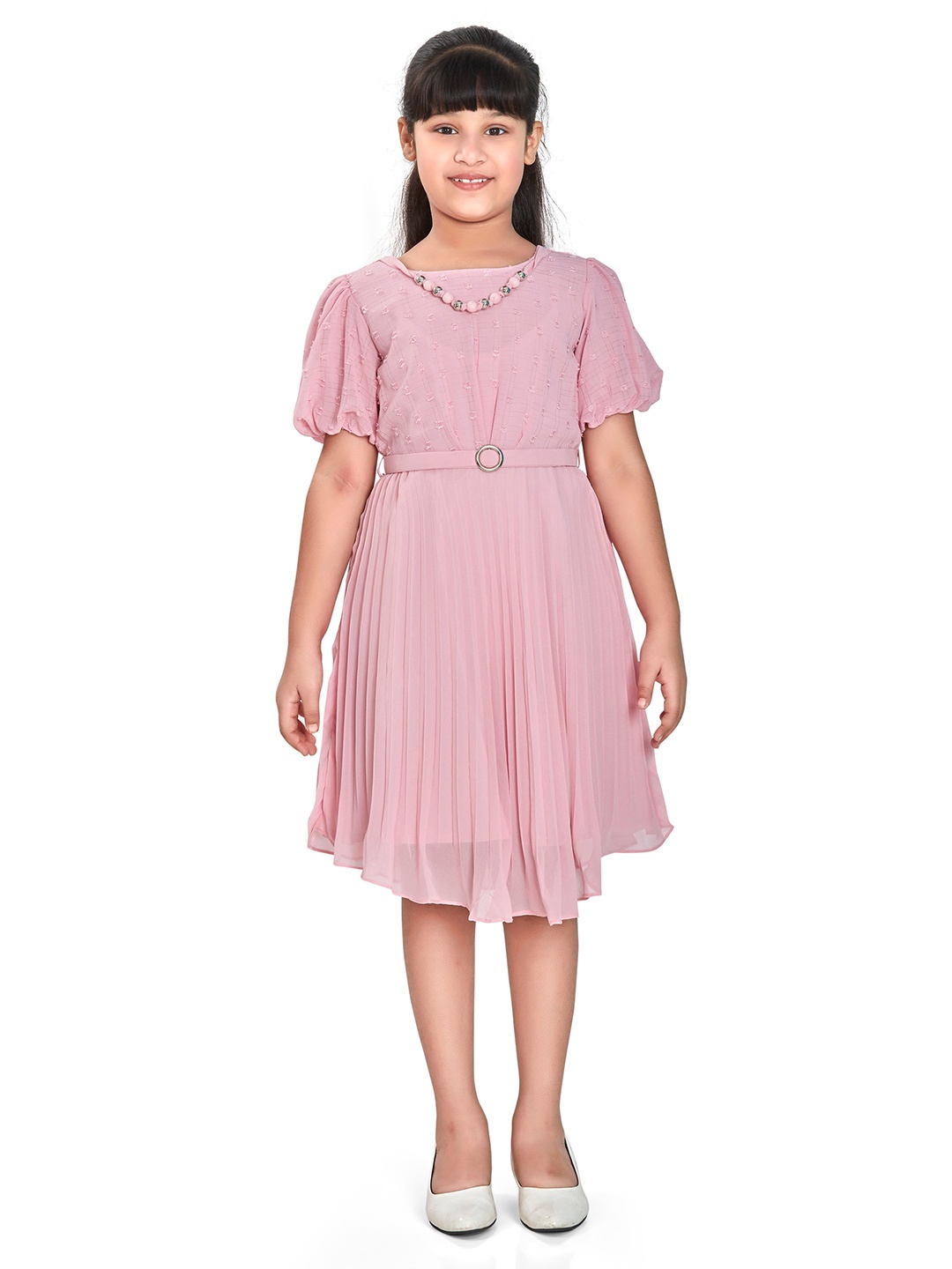 

Peppermint Girls Round Neck Accordion Pleats Satin Fit & Flare Dress, Pink