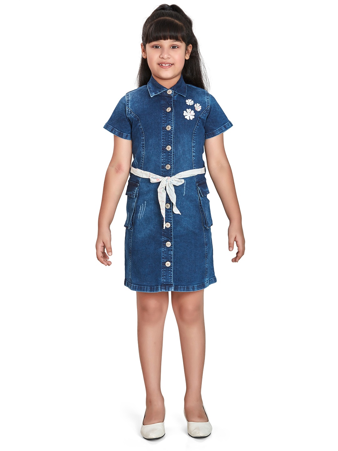 

Peppermint Girls Shirt Collar Pocket Details Pure Cotton Denim Shirt Dress With Belt, Navy blue