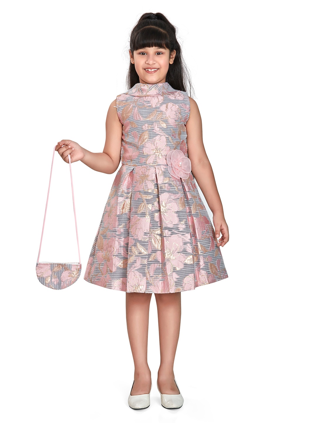 

Peppermint Girls Spread Collar Floral Self Design Satin Fit & Flare Dress, Pink