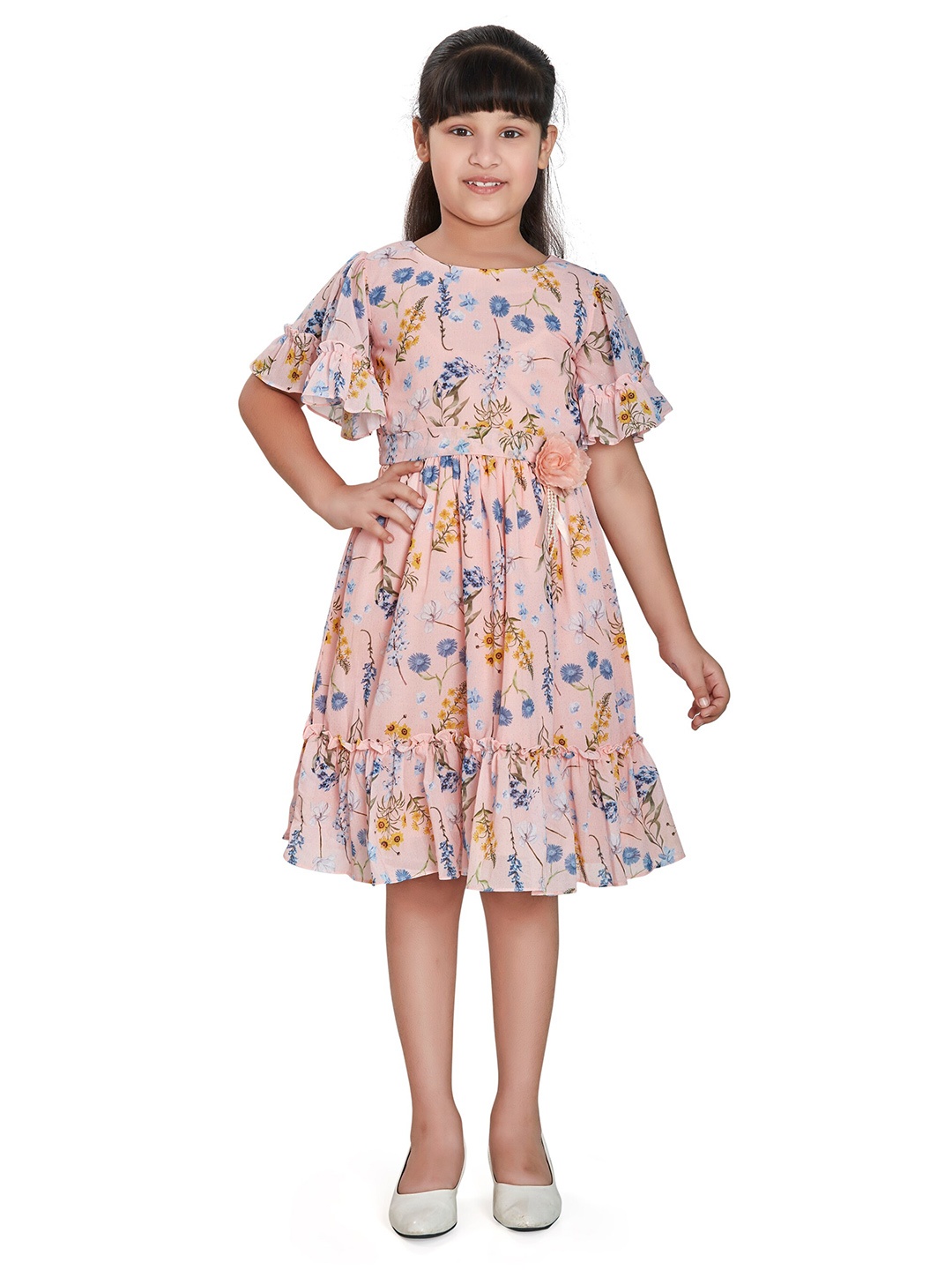 

Peppermint Girls Round Neck Floral Printed Flared Sleeve Fit & Flare Dress, Peach