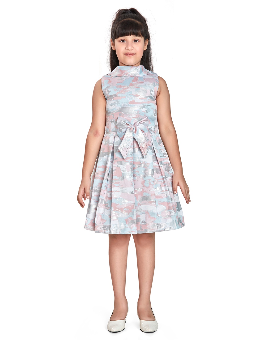 

Peppermint Girls Spread Collar Abstract Printed Bow Fit & Flare Dress, Blue