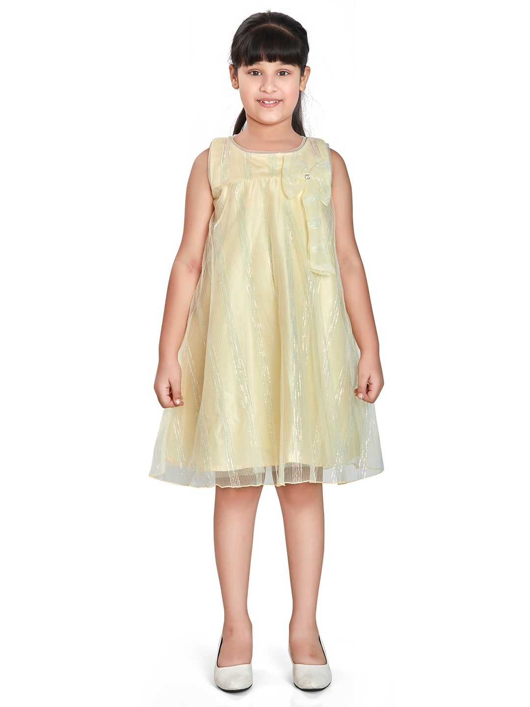 

Peppermint Girls Round Neck Satin Self Design A-Line Dress, Yellow