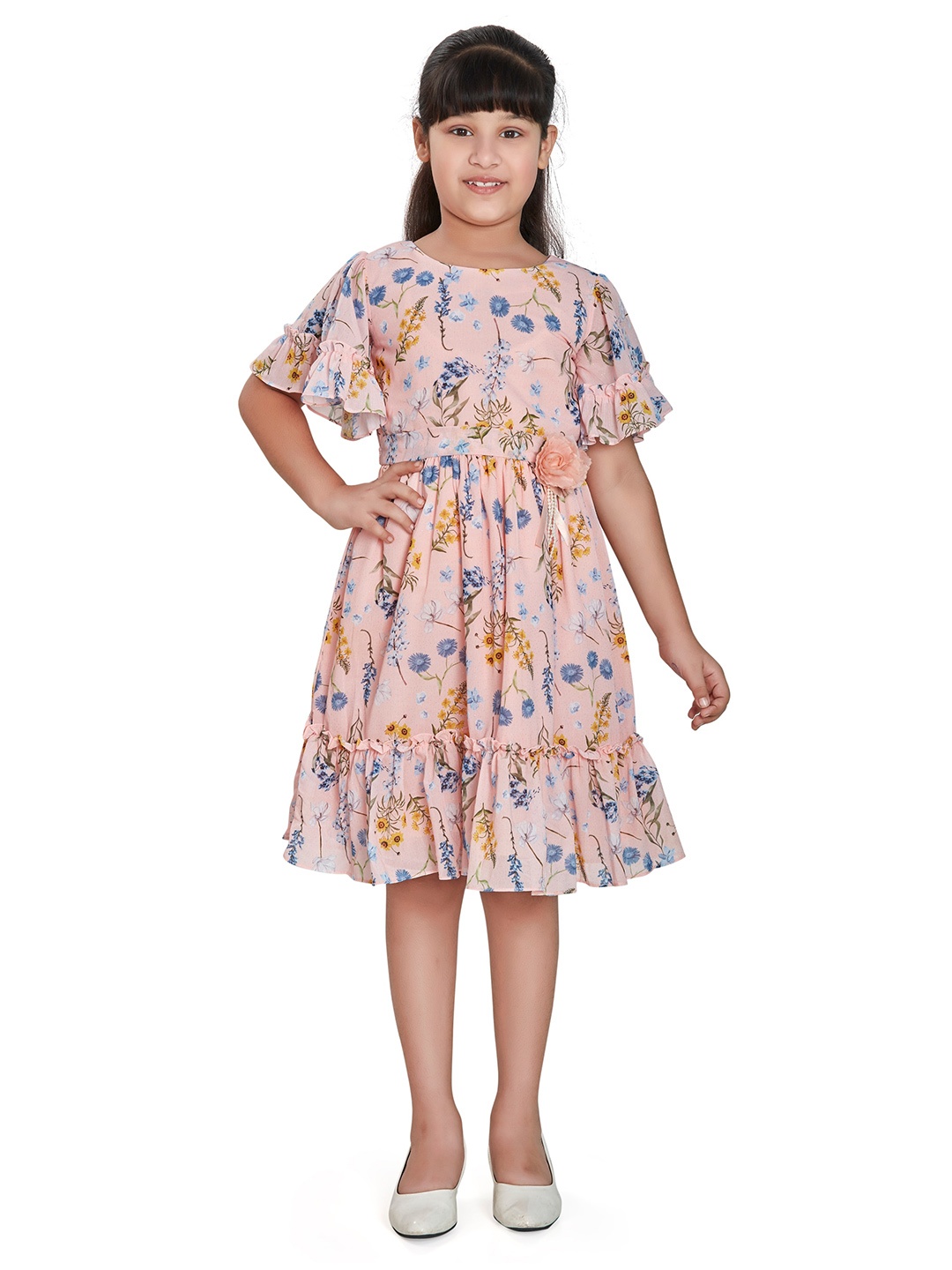 

Peppermint Girls Floral Print Flared Sleeves Fit & Flare Dress, Peach