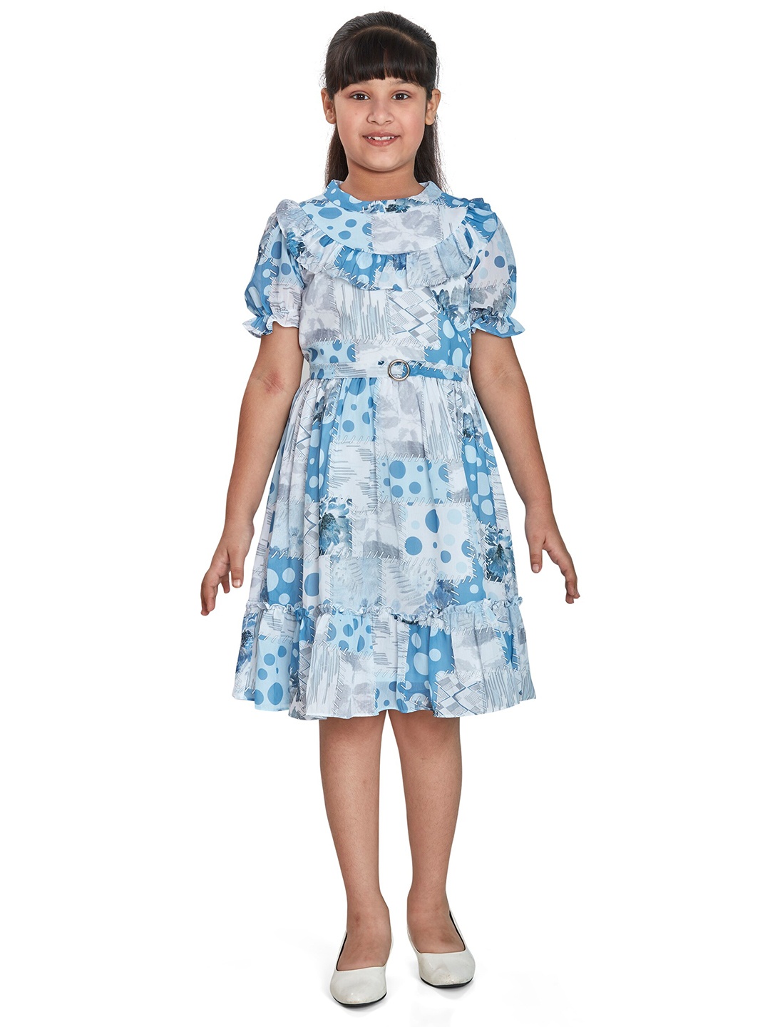 

Peppermint Girls Round Neck Abstract Printed Ruffles Fit & Flare Dress, Blue
