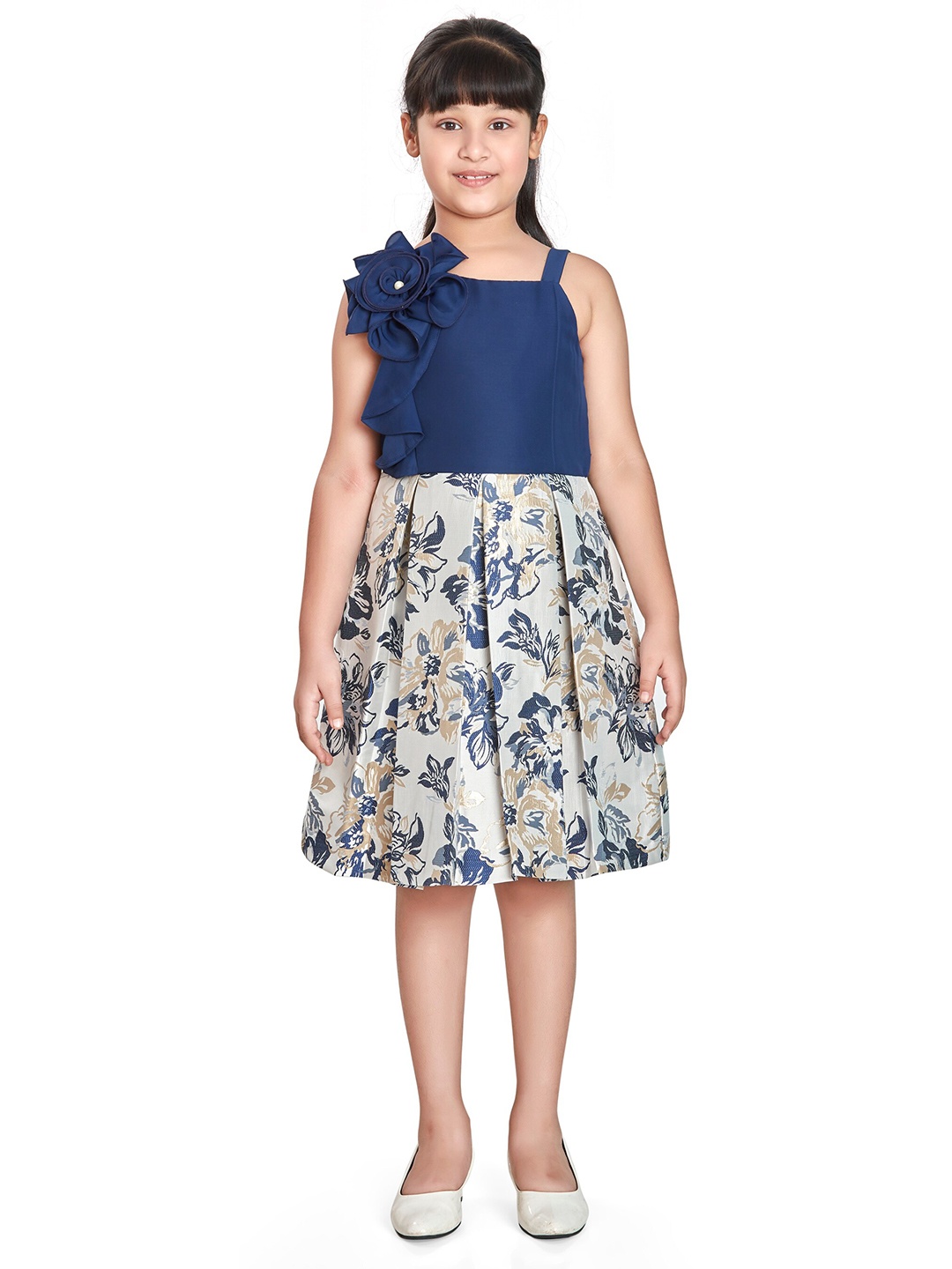 

Peppermint Girls Shoulder Straps Floral Printed Fit & Flare Dress, Navy blue