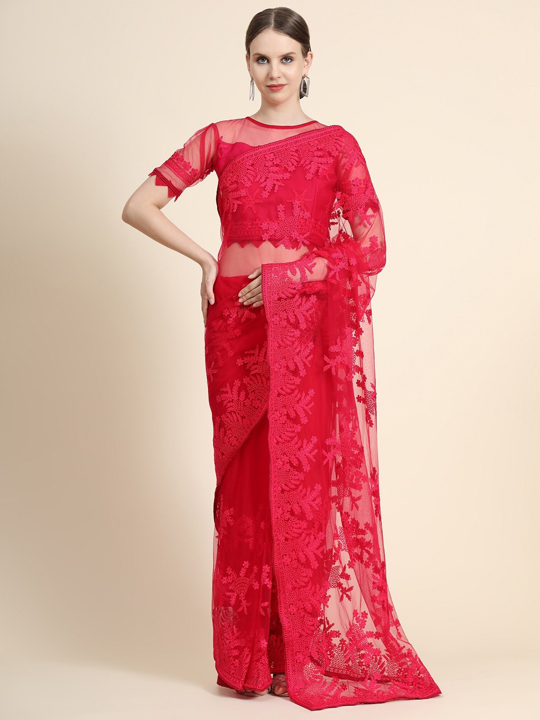 

Nimidiya Ethnic Motifs Embroidered Net Saree, Pink
