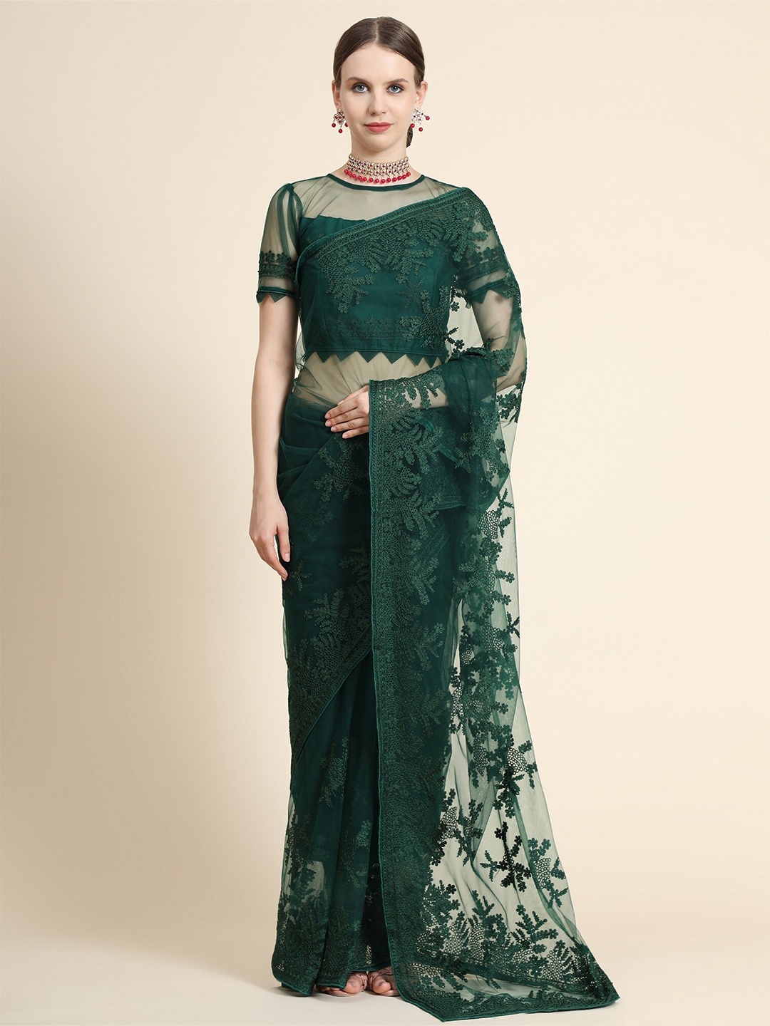 

Nimidiya Floral Embroidered Net Saree, Green