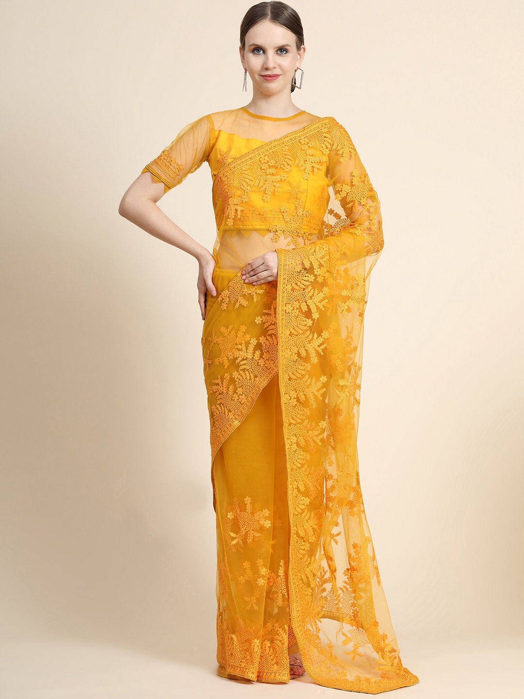 

Nimidiya Ethnic Motifs Embroidered Net Saree, Mustard