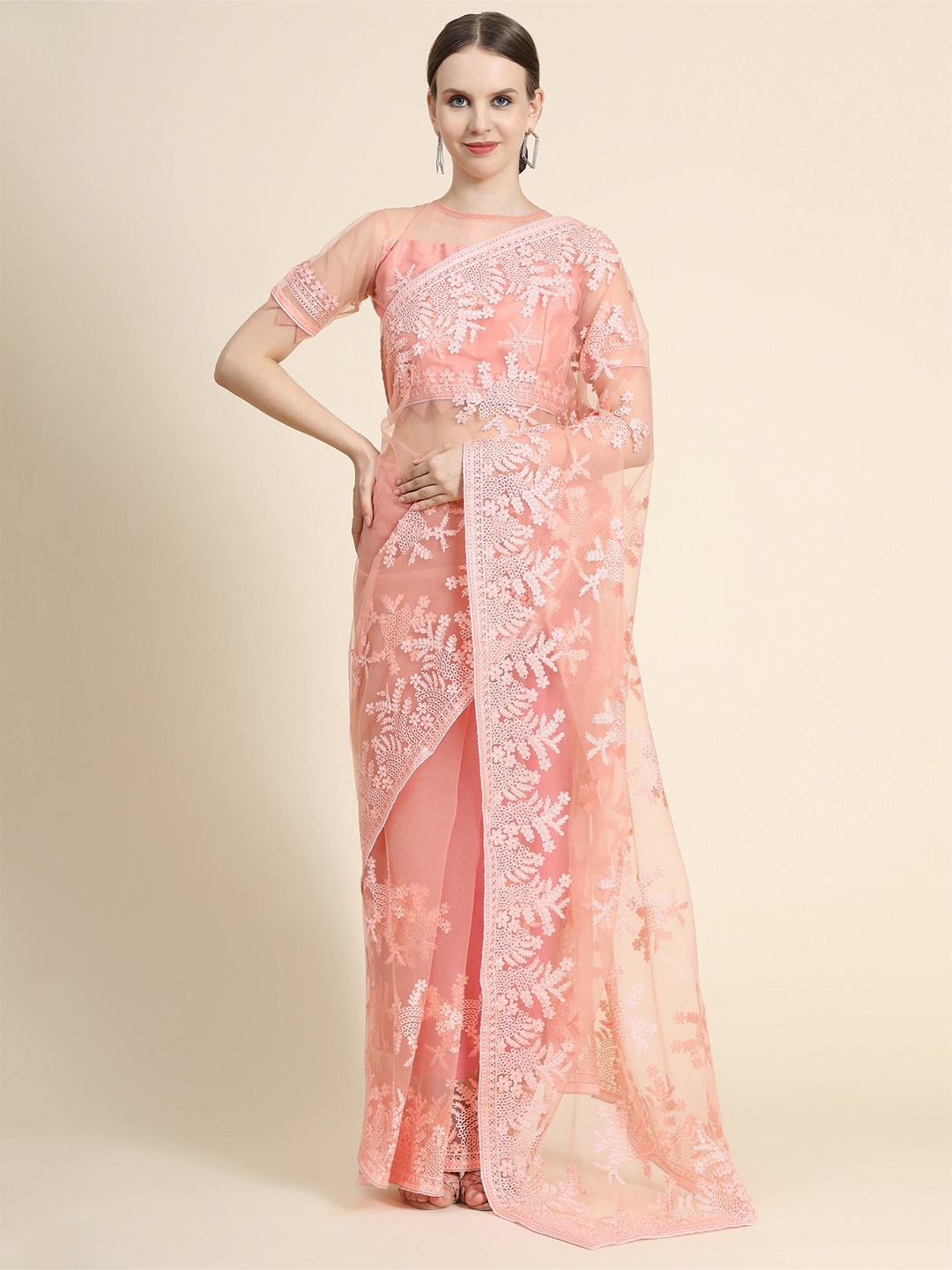 

Nimidiya Floral Embroidered Net Saree, Peach