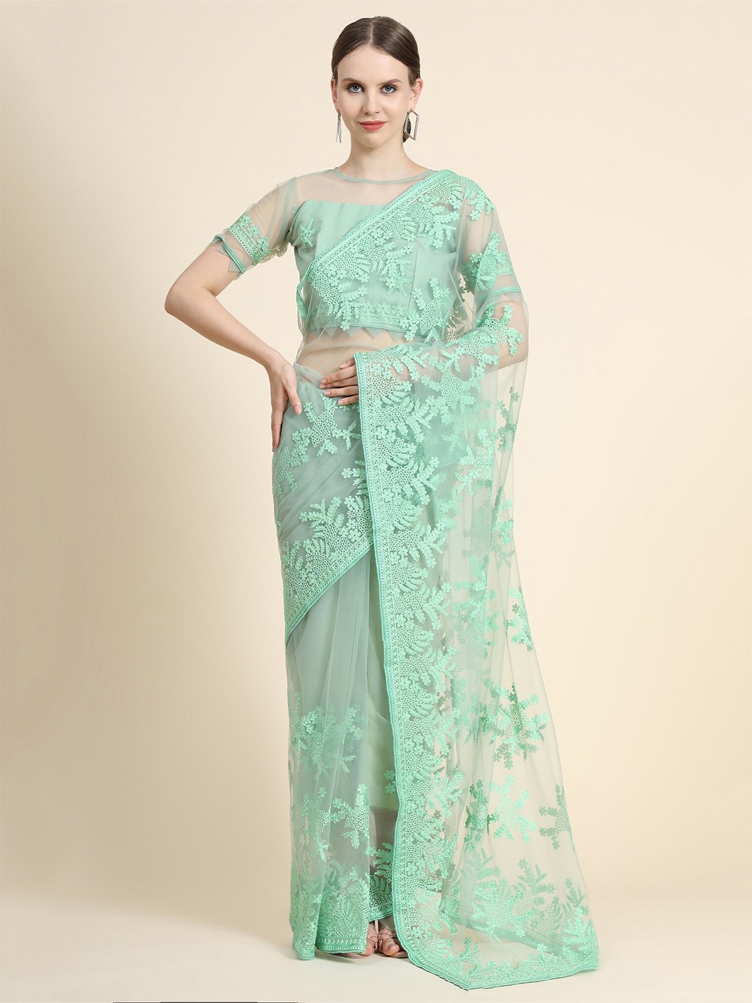 

Nimidiya Floral Embroidered Net Saree, Fluorescent green