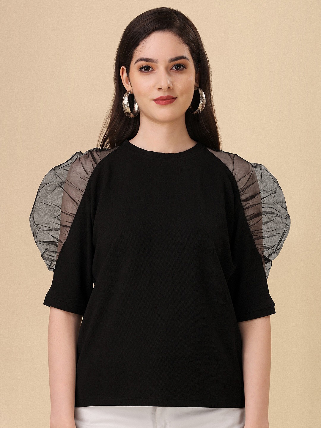 

Urban Luxe Puff Sleeves Cotton Net Top, Black