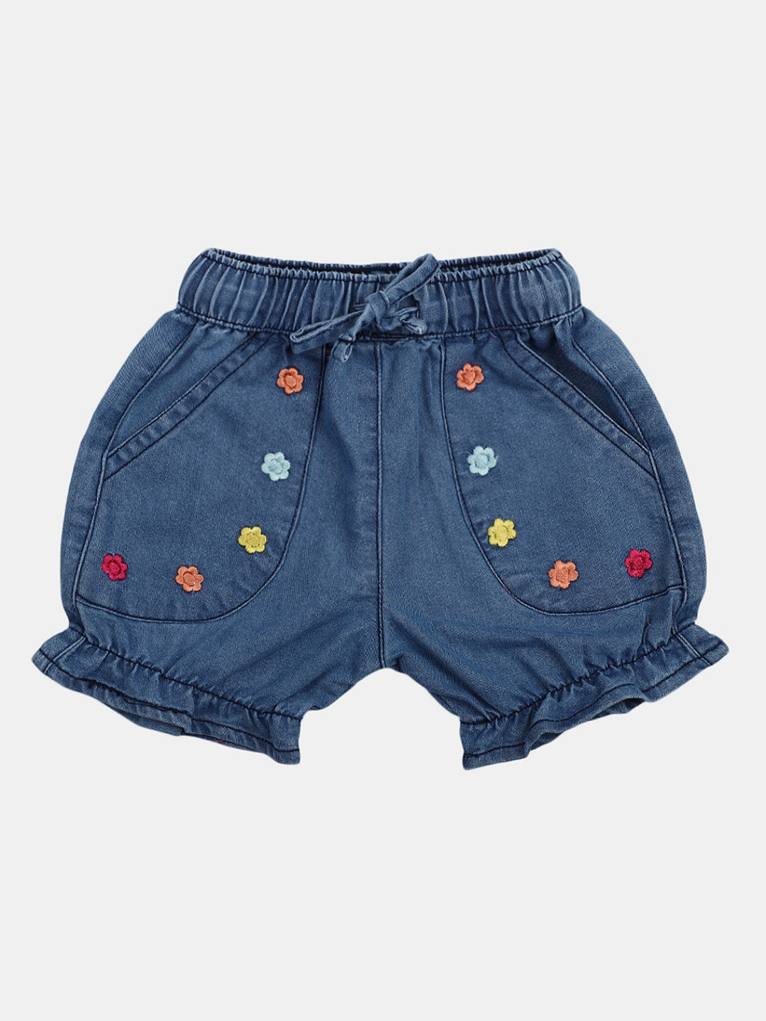 

V-Mart Infant Floral Embroidered Mid Rise Knitted Cotton Denim Shorts, Blue