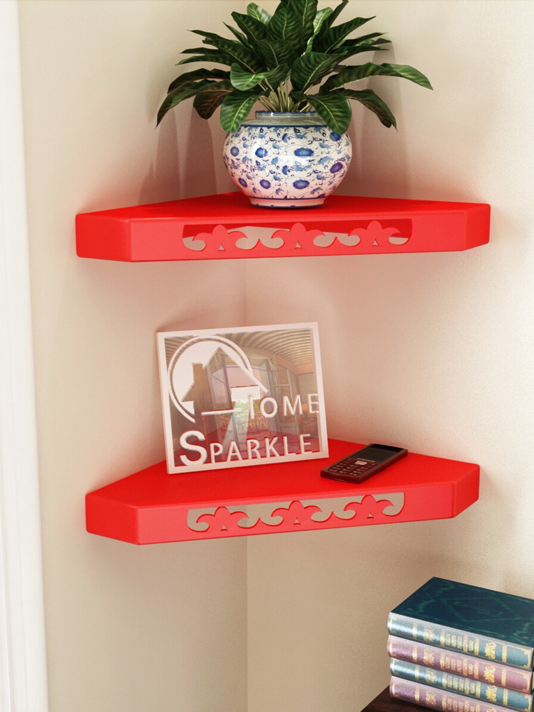 

Home Sparkle Red 2-Pieces Intricate Design Wooden Corner Wall Shelves