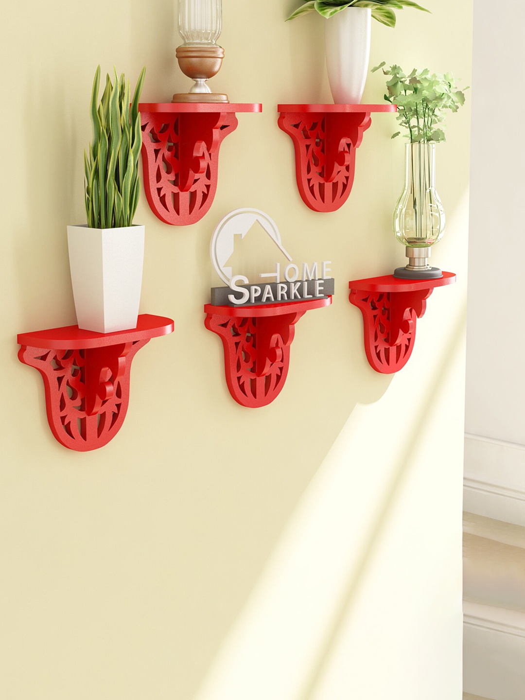 

Home Sparkle Red 5-Pieces Carved Wooden Wall Mounted Shelves