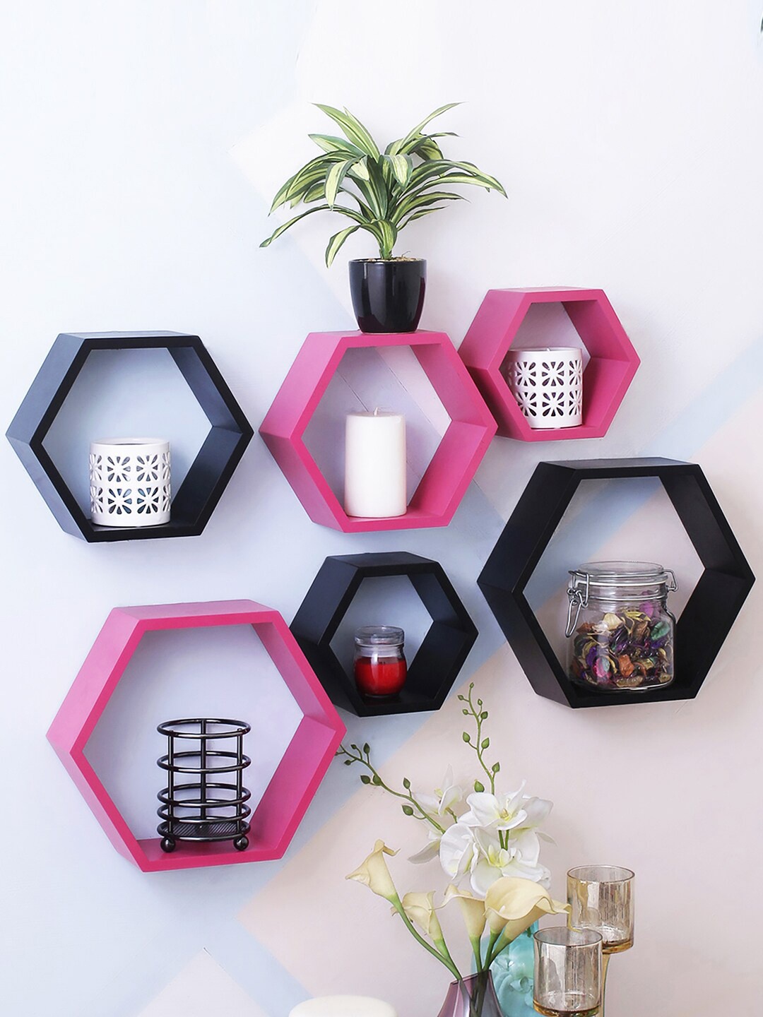 

Home Sparkle Pink & Black 6-Pieces Hexagonal Shaped MDF Wooden Wall Shelves