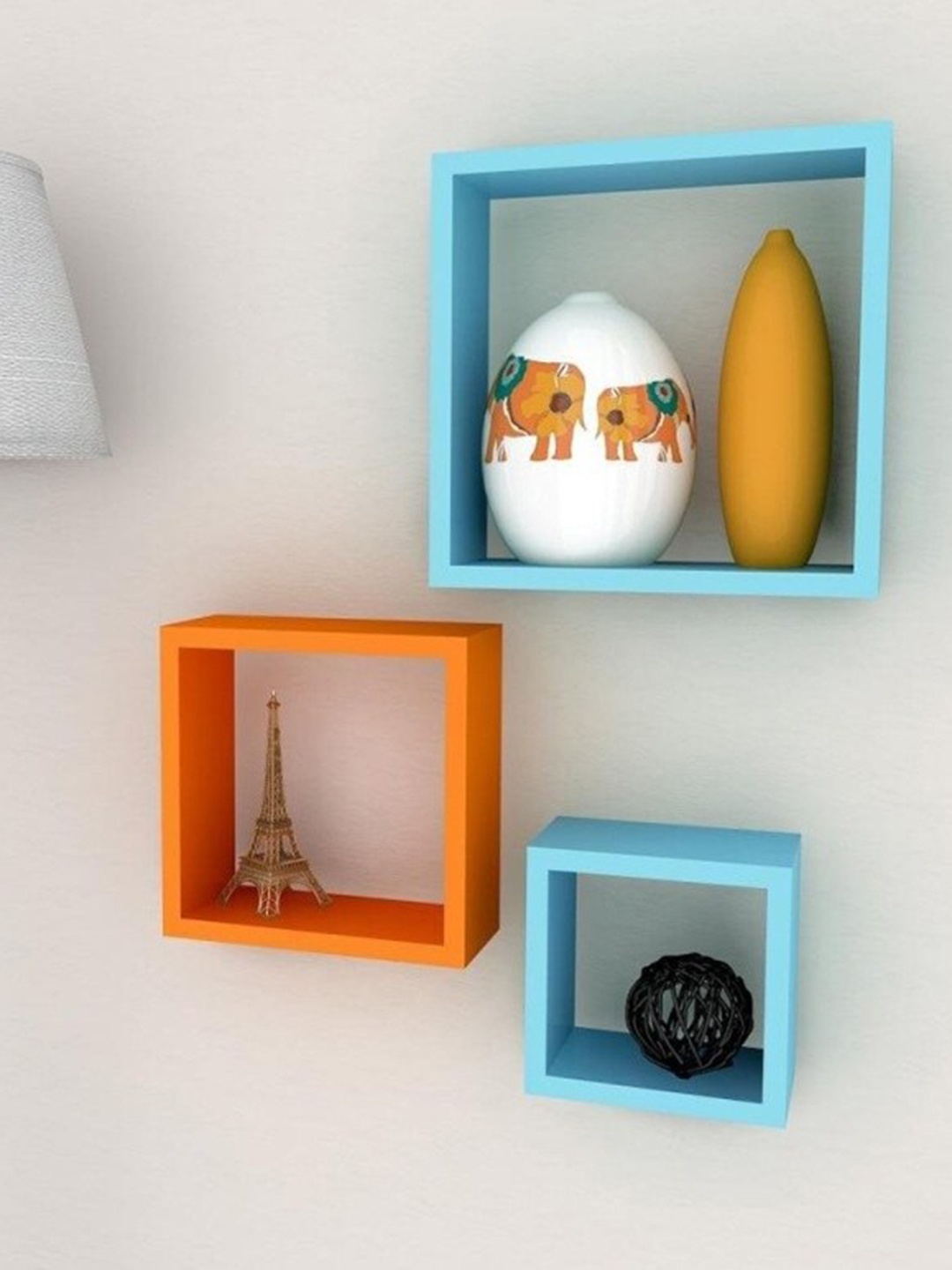 

Home Sparkle 3 Pieces Blue & Orange-Colored MDF Wooden Cube Floating Shelves