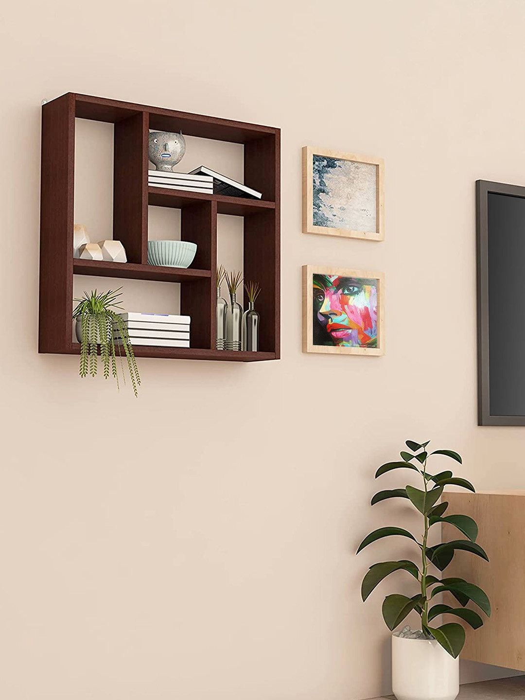 

Home Sparkle Brown Square Shaped Wooden Wall Shelf With Five Sections