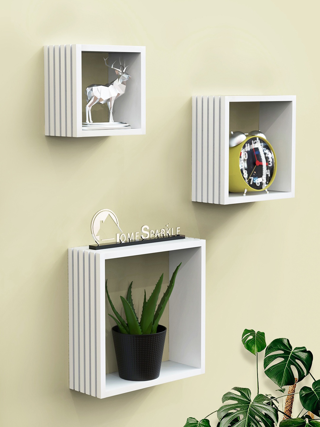 

Home Sparkle White 3-Pieces 3D Louvers Design Carved Wooden Wall Mounted Shelves
