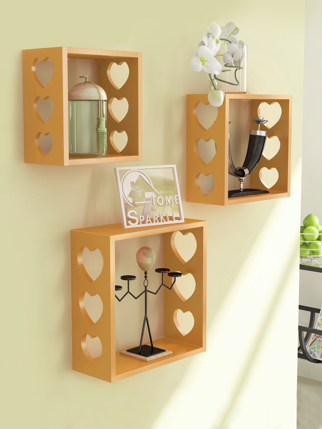 

Home Sparkle 3-Pieces MDF Wooden Cube Shelves Rack, Gold