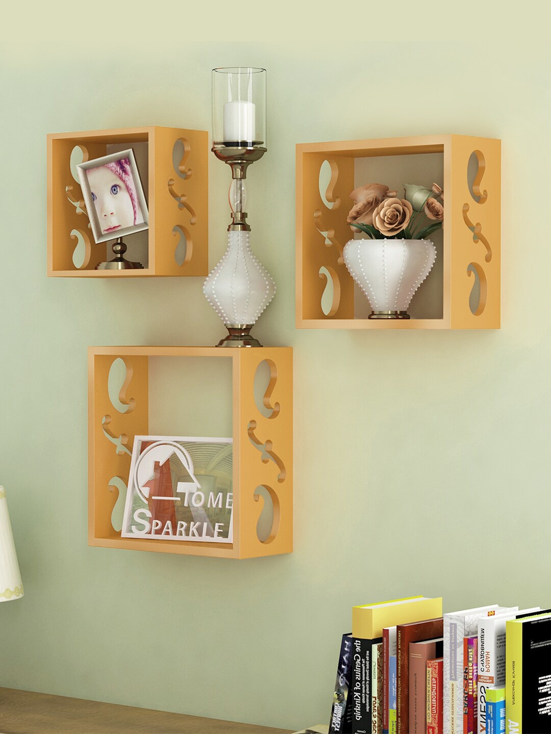 

Home Sparkle 3 Pieces Gold-Toned Carved MDF Wooden Cube Wall Shelves